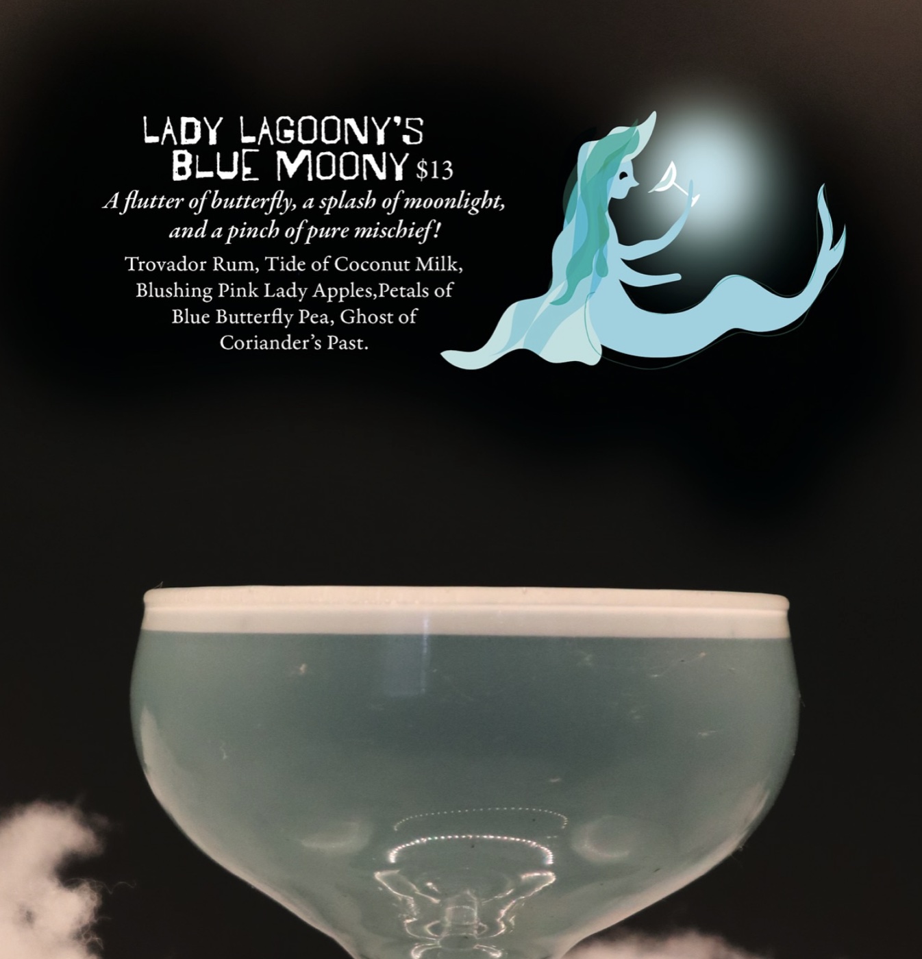 Lady Lagoony's Blue Moony cocktail card featuring Trovador Rum