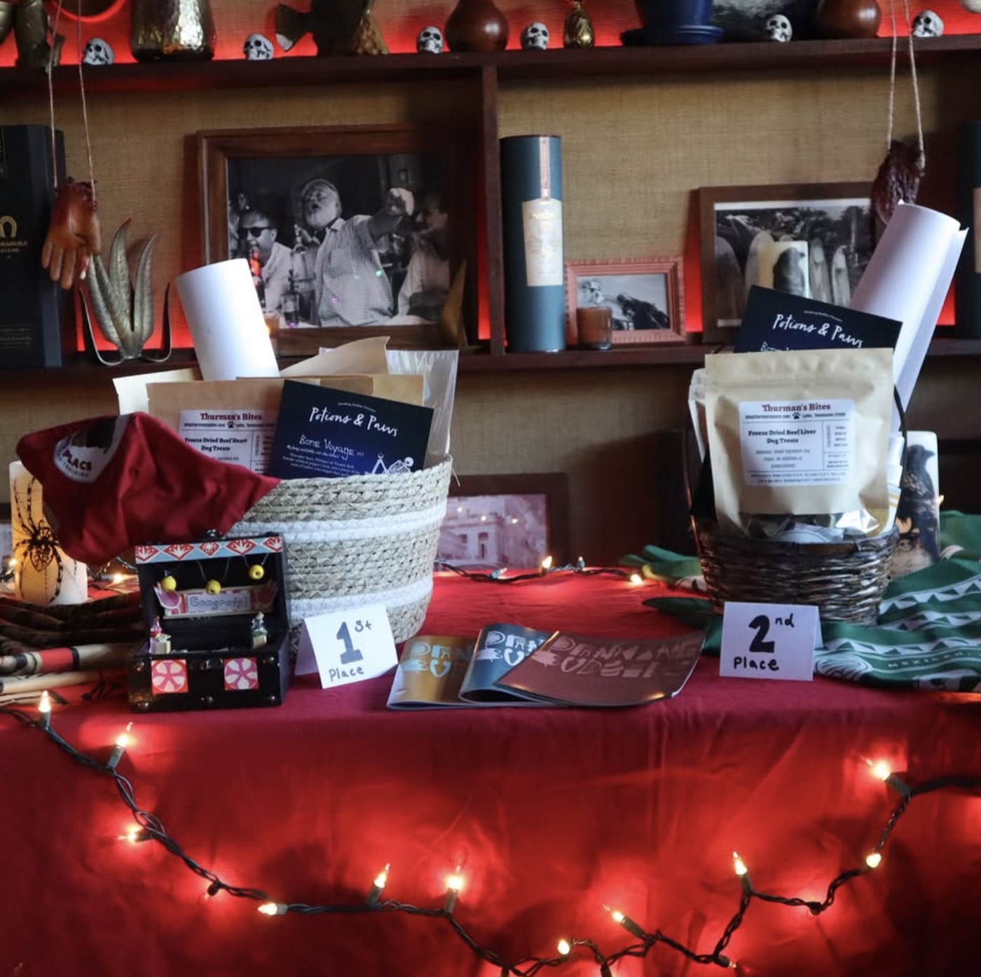 Raffle prize table with a copy of Drinking Buddies zine