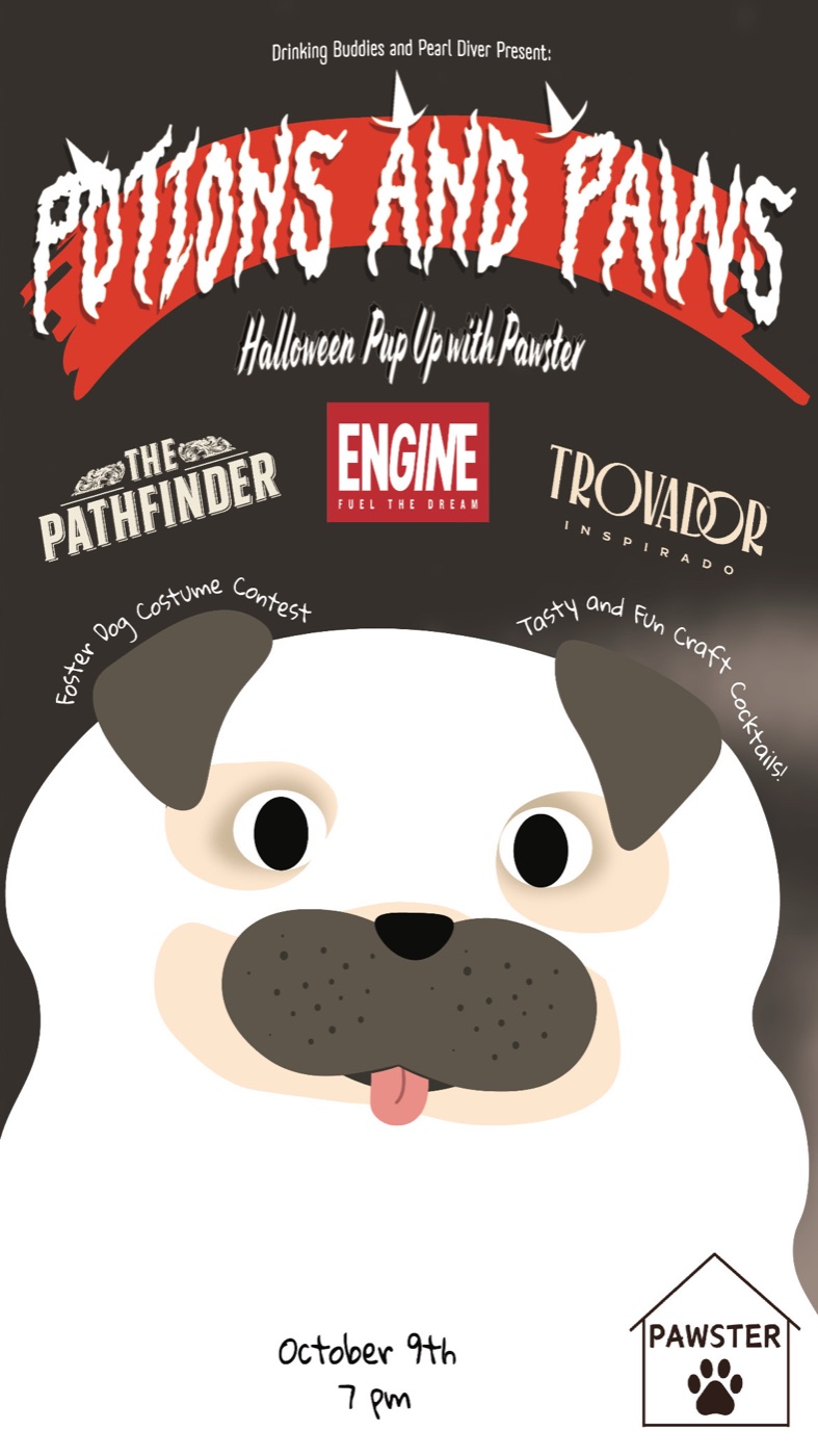 The Potions and Paws event poster featuring a cartoon dog and the sponsor logos